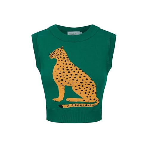 Women's Knitted Vest Skirt Sets, 1960s Mod Style Retro Leopard Green Tank Yellow Straight Skirt 2 Piece Sets Summer