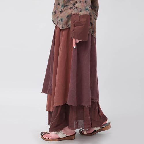 tylish Summer Linen Patchwork Skirt for Women Retro A-Line Casual Outfits Layered Long Skirt