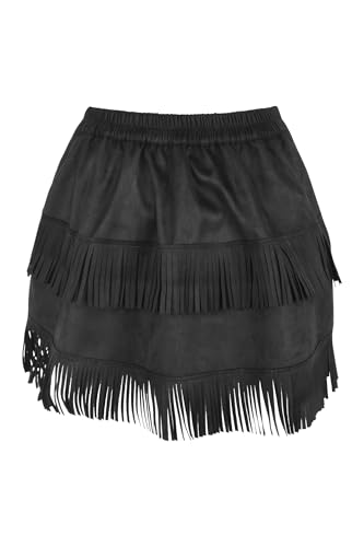 Women's Black Suede Fringe Mini Skirt Drawstring Bustle Western Cowgirl Fashion