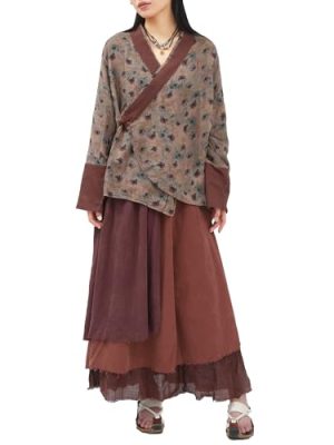 tylish Summer Linen Patchwork Skirt for Women Retro A-Line Casual Outfits Layered Long Skirt