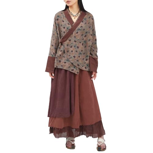 tylish Summer Linen Patchwork Skirt for Women Retro A-Line Casual Outfits Layered Long Skirt