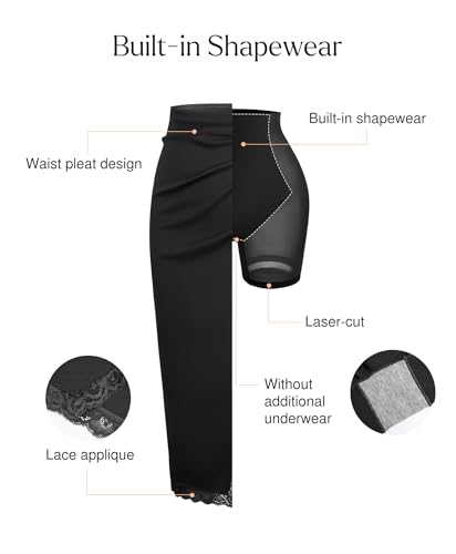 Midi Skirts for Women Lace Shapewear Split Satin High Waisted Bodycon Long Skirt Built-in Tummy Control