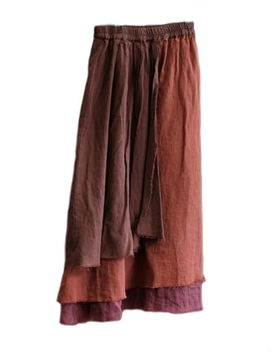 Women's Casual Elastic Waist Linen Patchwork A-Line Frayed Raw Hem Hippie Long Irregular Linen Skirt