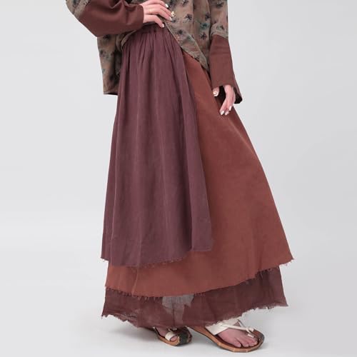 tylish Summer Linen Patchwork Skirt for Women Retro A-Line Casual Outfits Layered Long Skirt