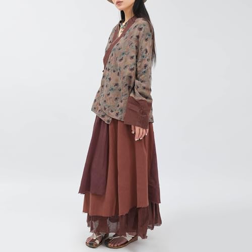 tylish Summer Linen Patchwork Skirt for Women Retro A-Line Casual Outfits Layered Long Skirt