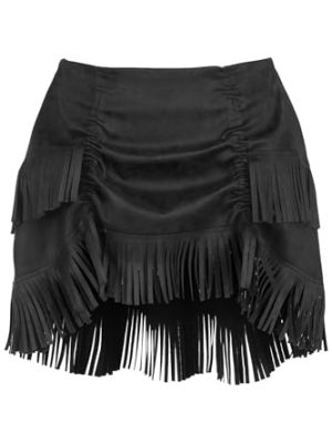 Women's Black Suede Fringe Mini Skirt Drawstring Bustle Western Cowgirl Fashion