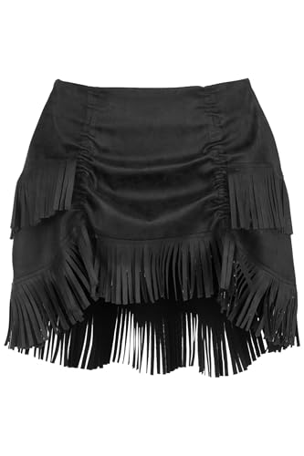 Women's Black Suede Fringe Mini Skirt Drawstring Bustle Western Cowgirl Fashion
