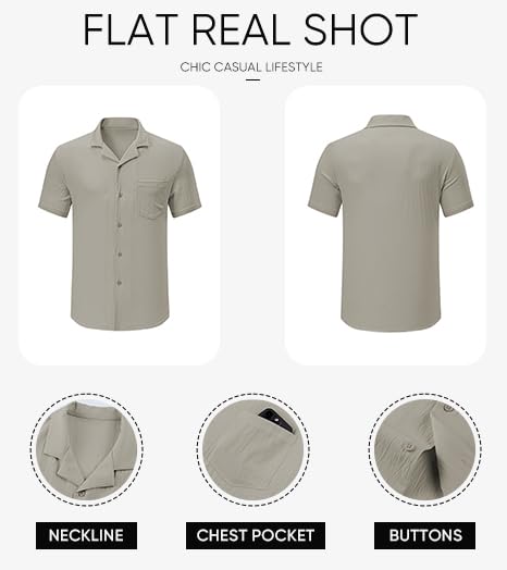 Men's Casual Button Down Shirts Short Sleeve Textured Summer Beach Shirt Cuban Vacation Shirts with Pocket