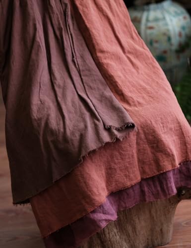 Women's Casual Elastic Waist Linen Patchwork A-Line Frayed Raw Hem Hippie Long Irregular Linen Skirt