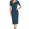 Women's Ruth Short Puff Sleeves Asymmetrical Neckline Bodycon Midi Dress
