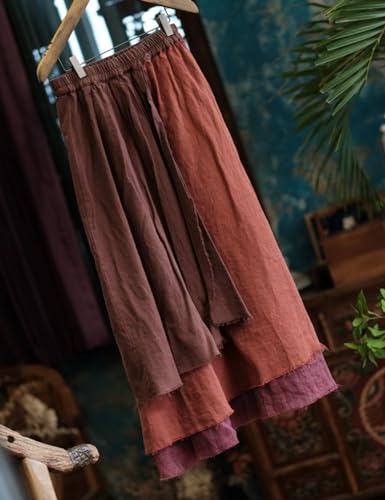 Women's Casual Elastic Waist Linen Patchwork A-Line Frayed Raw Hem Hippie Long Irregular Linen Skirt