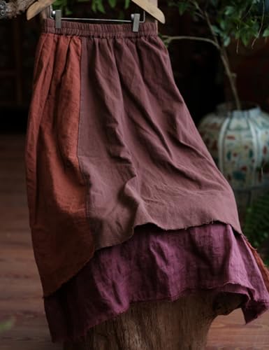 Women's Casual Elastic Waist Linen Patchwork A-Line Frayed Raw Hem Hippie Long Irregular Linen Skirt