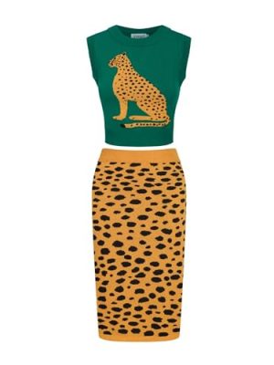 Women's Knitted Vest Skirt Sets, 1960s Mod Style Retro Leopard Green Tank Yellow Straight Skirt 2 Piece Sets Summer