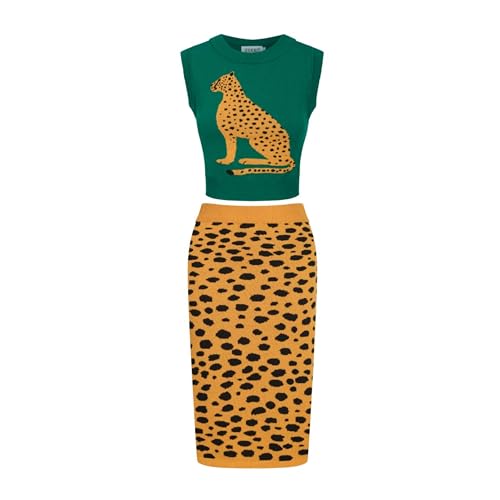Women's Knitted Vest Skirt Sets, 1960s Mod Style Retro Leopard Green Tank Yellow Straight Skirt 2 Piece Sets Summer