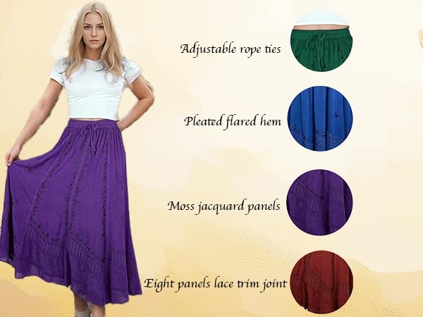 Women's 2025 Spring Elastic Waistband Flare Hem Boho Skirt - Long Renaissance Embroidered Maxi Skirt