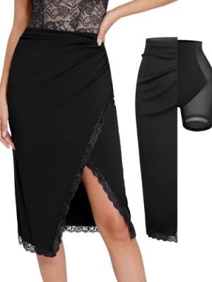 Midi Skirts for Women Lace Shapewear Split Satin High Waisted Bodycon Long Skirt Built-in Tummy Control