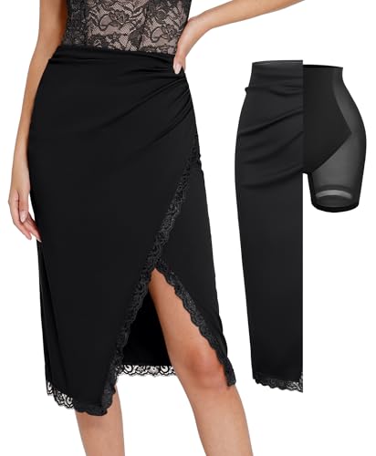 Midi Skirts for Women Lace Shapewear Split Satin High Waisted Bodycon Long Skirt Built-in Tummy Control