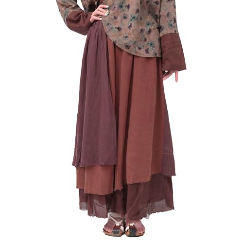 tylish Summer Linen Patchwork Skirt for Women Retro A-Line Casual Outfits Layered Long Skirt