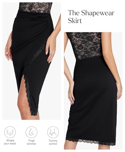 Midi Skirts for Women Lace Shapewear Split Satin High Waisted Bodycon Long Skirt Built-in Tummy Control