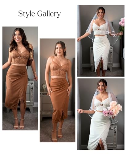 Midi Skirts for Women Lace Shapewear Split Satin High Waisted Bodycon Long Skirt Built-in Tummy Control