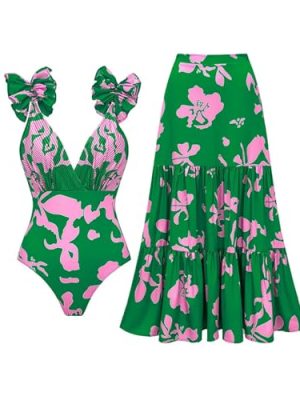 Blue and White V Neck Lace Up Strip Plant Prints One Piece Swimsuit and Skirt/Sarong