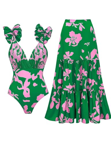 Blue and White V Neck Lace Up Strip Plant Prints One Piece Swimsuit and Skirt/Sarong