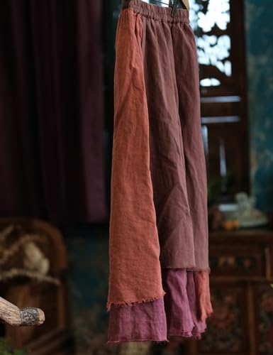Women's Casual Elastic Waist Linen Patchwork A-Line Frayed Raw Hem Hippie Long Irregular Linen Skirt