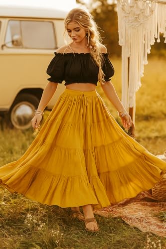 Women's 25 Yard Cotton Gypsy Belly Dance 4-Tiered A-Line Pleated Maxi Long Boho Dance Tribal Skirt