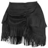 Women's Black Suede Fringe Mini Skirt Drawstring Bustle Western Cowgirl Fashion