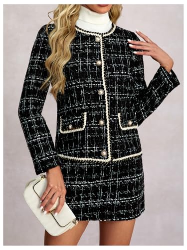 Women's 2 Piece Outfits Plaid Button Front Long Sleeve Tweed Jacket and Mini Skirt Elegant Set