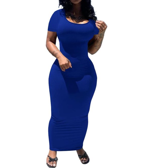 Women's Casual Bodycon Maxi Dress Summer Scoop Neck Short Sleeve Long Fitted Dresses Club Party