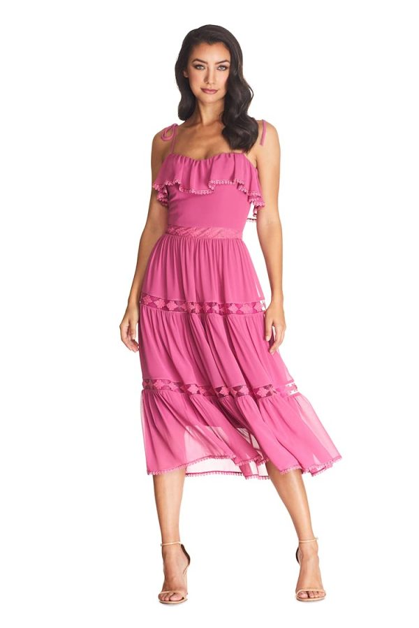 Women's Dream Sleeveless Ruffle Bodice Lace Insert Tiered Skirt Midi Dress