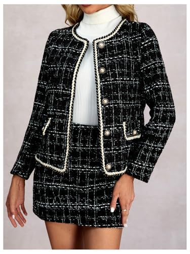 Women's 2 Piece Outfits Plaid Button Front Long Sleeve Tweed Jacket and Mini Skirt Elegant Set