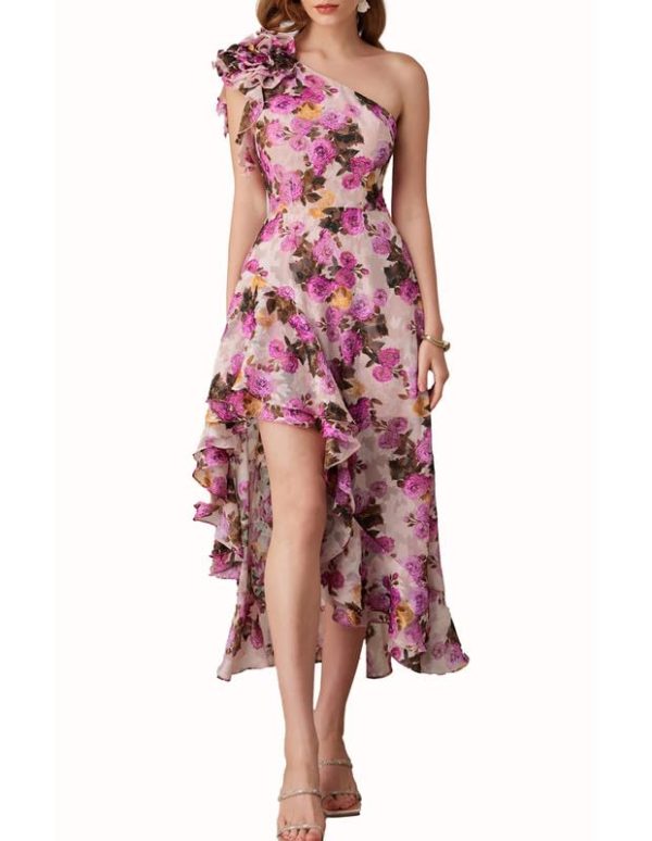 Womens Summer One Shoulder Sleeveless Dresses Floral Flowy Ruffle High Low Wedding Guest Maxi Sundresses