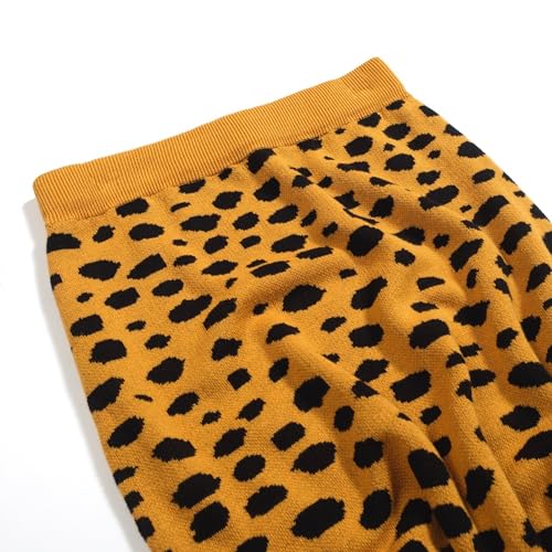 Women's Knitted Vest Skirt Sets, 1960s Mod Style Retro Leopard Green Tank Yellow Straight Skirt 2 Piece Sets Summer