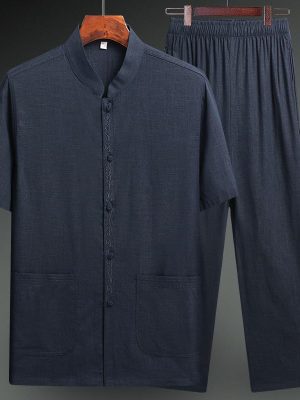 Summer ice Silk Summer Dress Tang Suit Short-Sleeved Suit Men's Silk Linen Summer Thin Style