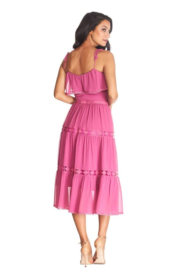 Women's Dream Sleeveless Ruffle Bodice Lace Insert Tiered Skirt Midi Dress