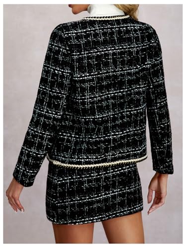 Women's 2 Piece Outfits Plaid Button Front Long Sleeve Tweed Jacket and Mini Skirt Elegant Set
