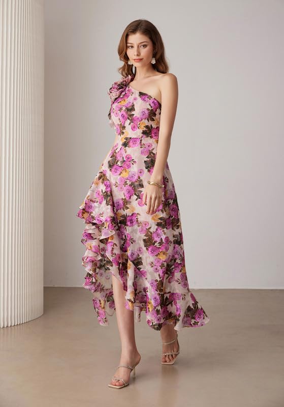 Womens Summer One Shoulder Sleeveless Dresses Floral Flowy Ruffle High Low Wedding Guest Maxi Sundresses