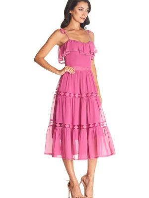 Women's Dream Sleeveless Ruffle Bodice Lace Insert Tiered Skirt Midi Dress