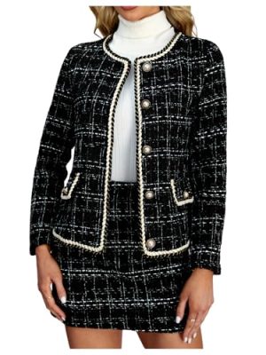 Women's 2 Piece Outfits Plaid Button Front Long Sleeve Tweed Jacket and Mini Skirt Elegant Set