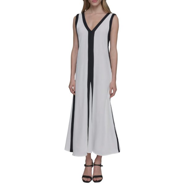 Women's Sleeveless V-Neck Two Toned Flowy Maxi Dress