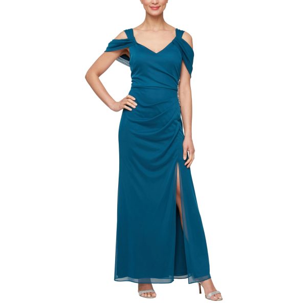 Women's Long Cold Shoulder Dress, Mother of The Bride, Formal Events, (Petite and Regular Sizes)