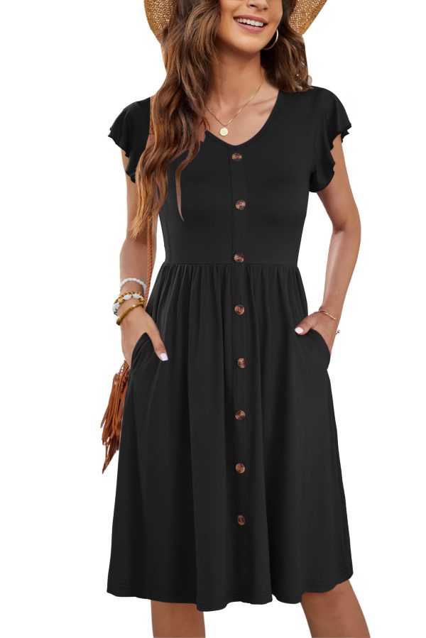 Women Summer Dresses Sleeveless Casual Loose Swing Button Down Midi Dress with Pockets