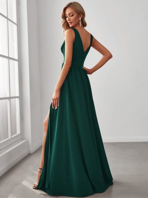 Women's Bridesmaid Dresses Deep V-Neck Sleeveless Side Slit Floor Length Wedding Guest Dress 0168B