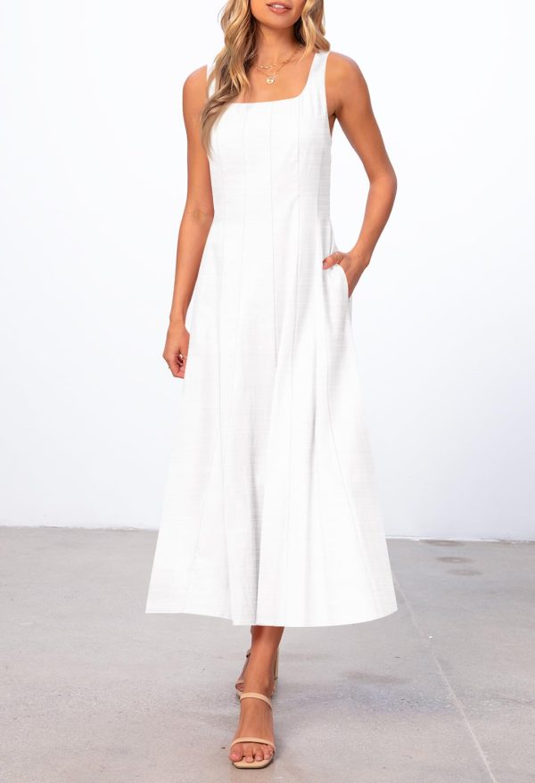 Women's 2025 Summer Sleeveless Midi Dress Square Neck Smocked Flowy A Line Beach Dresses