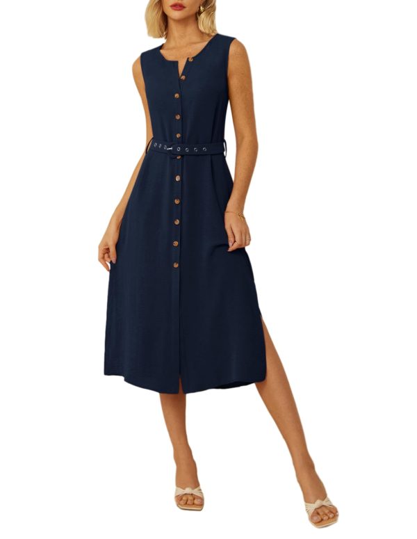 Women Casual Summer Dress 2025 Business Work Belted Sleeveless Button Down Shirt Midi Dresses with Pockets