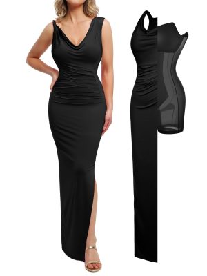 Formal Dresses for Women - Shapewear Cowl Neck Maxi Ruched Bodycon Gowns with Slit - Prom Dress Wedding Guest