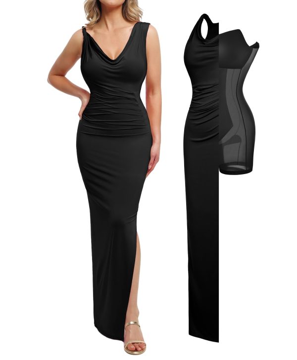 Formal Dresses for Women - Shapewear Cowl Neck Maxi Ruched Bodycon Gowns with Slit - Prom Dress Wedding Guest