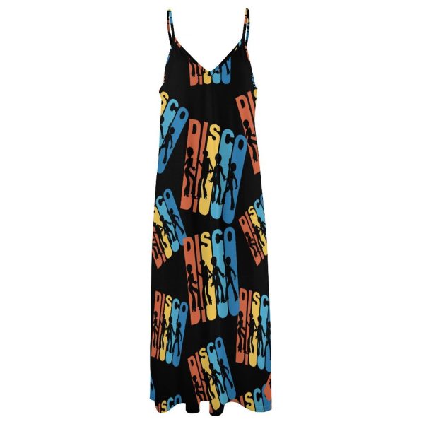 Vintage 1970's Disco Maxi Dress for Women Summer Casual Sleeveless V Neck Spaghetti Dresses
